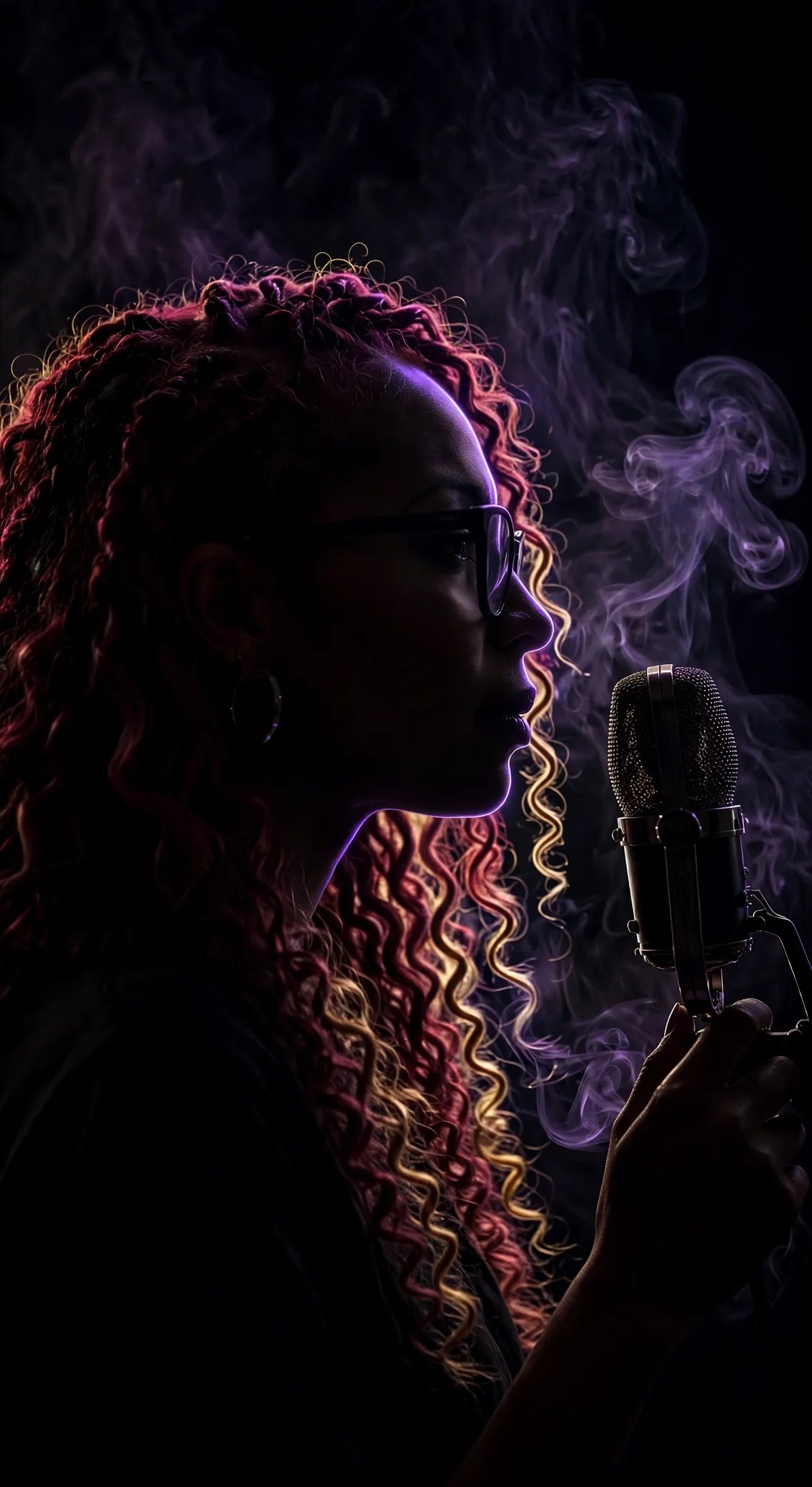 Lady Lotus in profile silhouette — long curly red hair, glasses and a hoop earring, wearing black — holding a vintage studio microphone, her face in shadow, traced in purple rim light and drifting purple smoke.